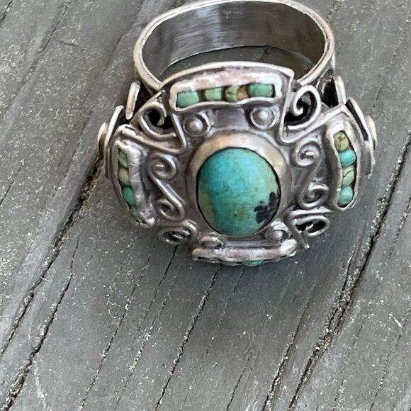 Vintage Sterling Silver Turquoise Ring Handmade Intricate Design Size 8 Boho Ch - Picture 5 of 11